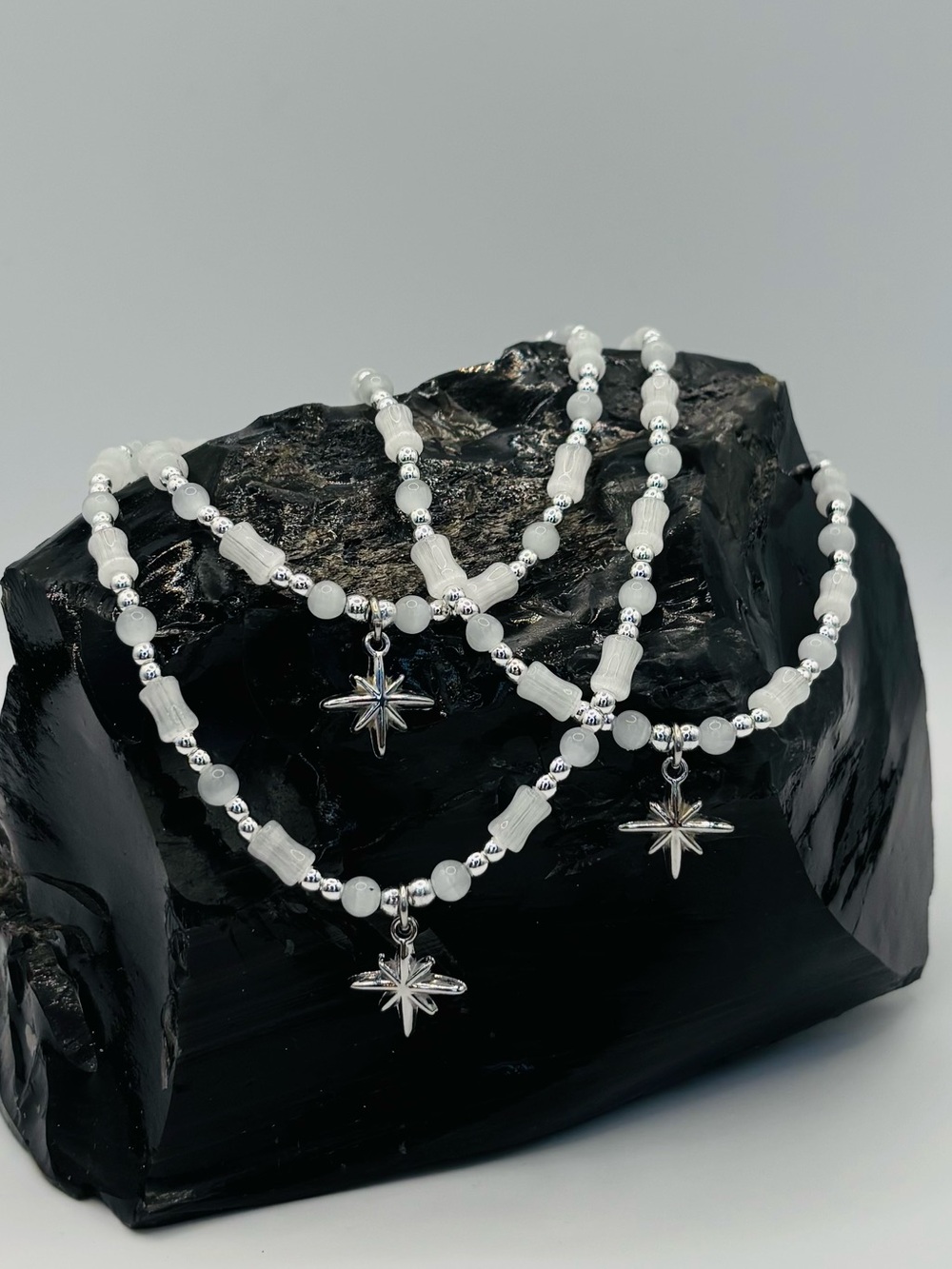 *ANKLET* S.Steel Silver Star & White Cat’s Eye Stretchy Anklet